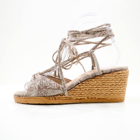 Stuart Weitzman Tan & Silver Leather 2.5" Wedge Heel Ankle Wrap Sandals - 7 - Picture 1 of 7